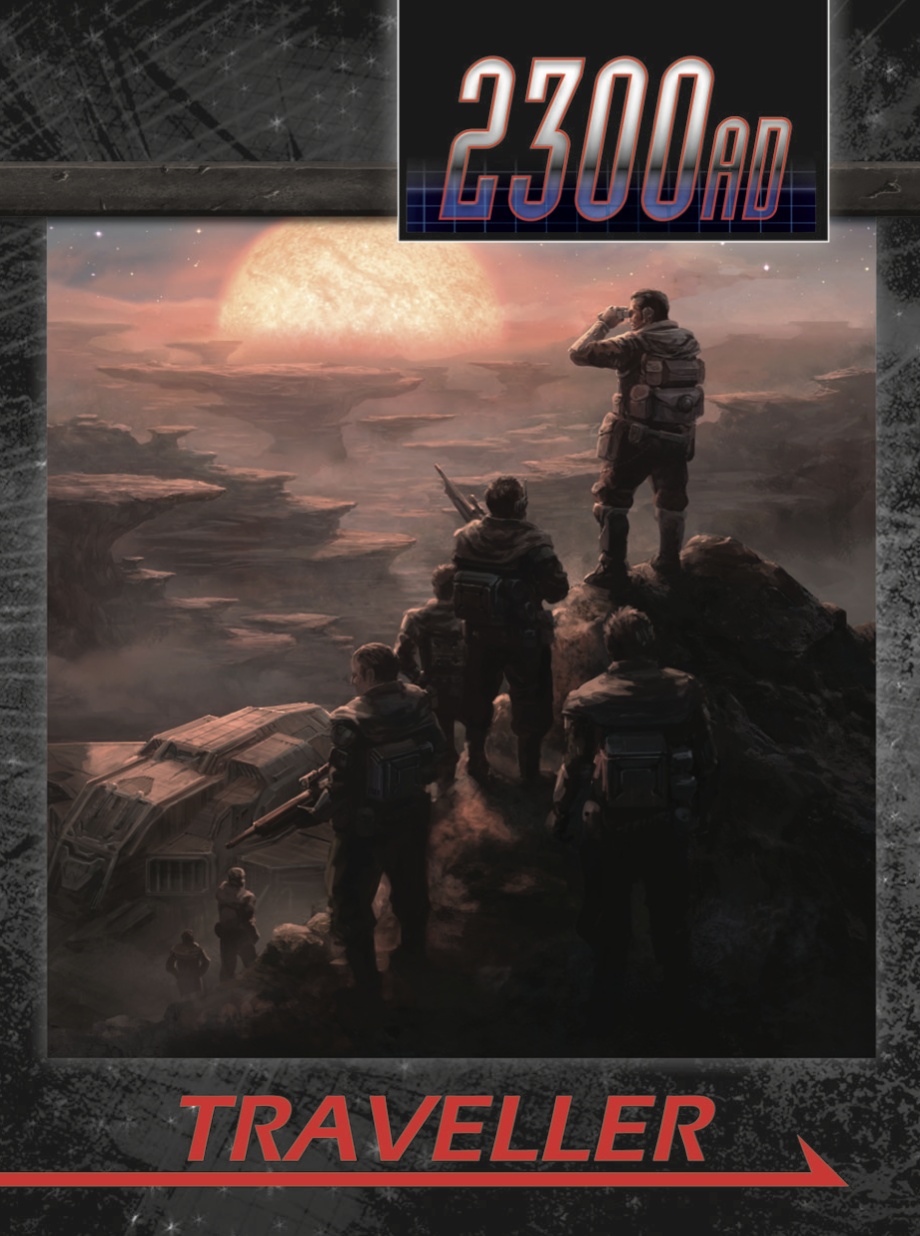 2300 AD revised cover image - space explorers atop a ridge facing an alien sunset.