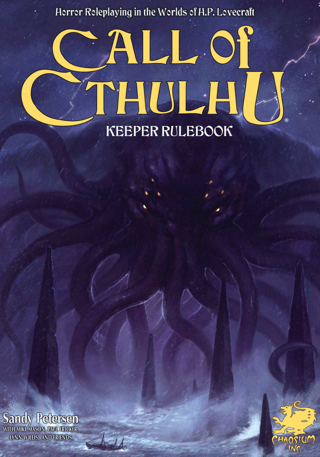 Call of Cthulhu cover image - a great old one emerges from the sea, looming menacingly over a foundering fishing boat.