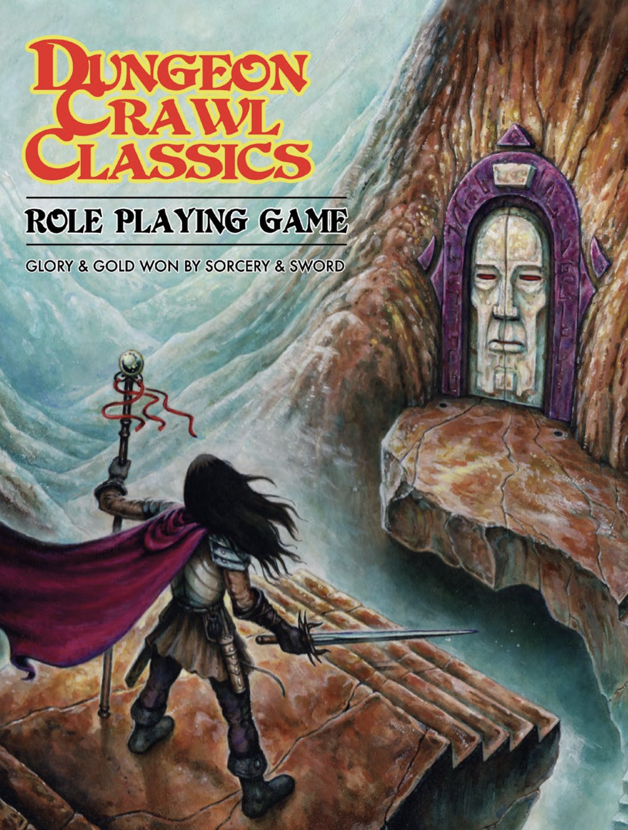 DCC RPG cover image - a warrior facing looking across a chasm at a strange door set into a cliff face.