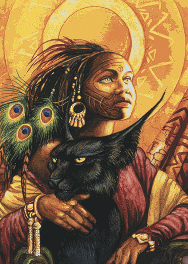 Everway cover image - a woman with a gold nimbus glowing behind her, looks into the distance while holding an exotic black cat.