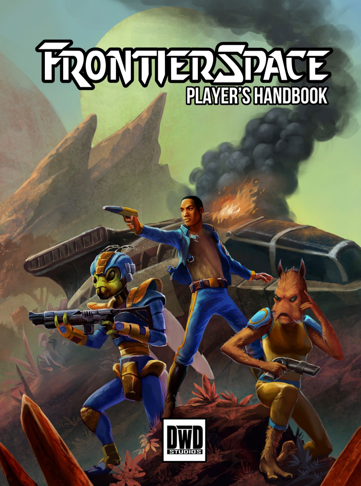 Frontier Space Player's Handbook cover - A human and a pair of aliens holding their ground with their crashed ship burning in the background.