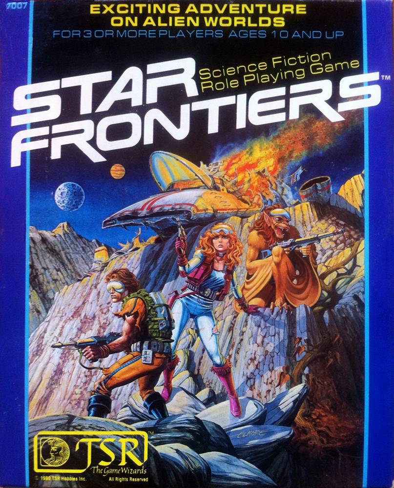 Cover of the Star Frontiers TTRPG - a woman, a man, and a yazirian hold their ground in front of their crashed spaceship