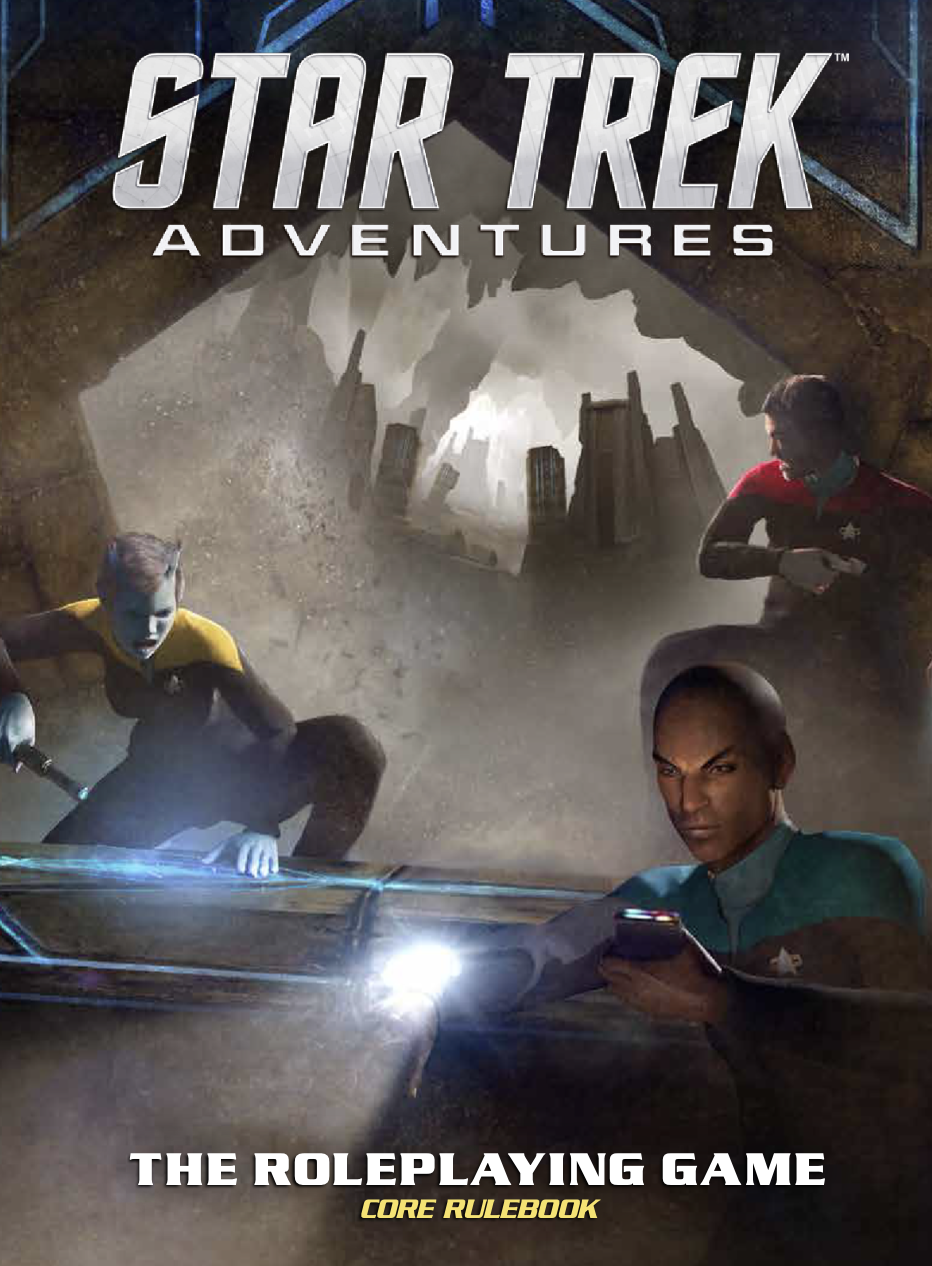 Star Trek Adventures Core Rulebook - A Vulcan, an Andorian, and a human investigate a glowing artifact with a ruined cityscape in the background.