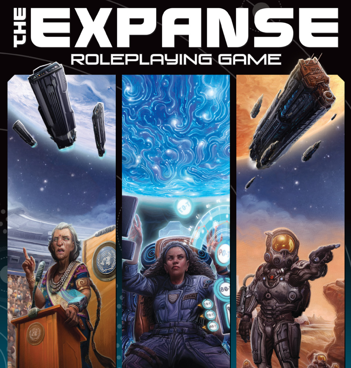 Cover of the Expanse RPG - Triptych with Avasarala speaking at a podium, Naomi in a crash couch on the Roci, and a Martian Marine (Bobby?) leading a squad on the surface of Mars.